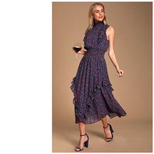 Navy Blue Floral Print Mock Neck Midi Dres